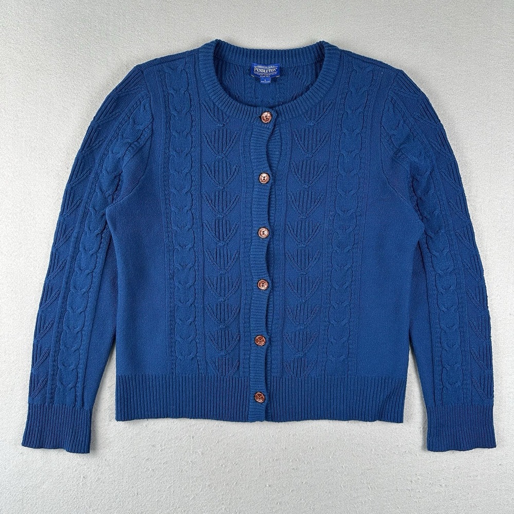 Pendleton Cable Knit Cardigan Sweater Women's Large Blue Wool Blend Round Neck